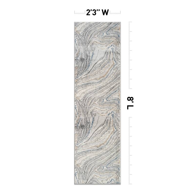 Marble Swirl Distressed Area Rug - Low-Pile Rug for Living Room, Bedroom - Polypropylene/Polyester with Jute Backing