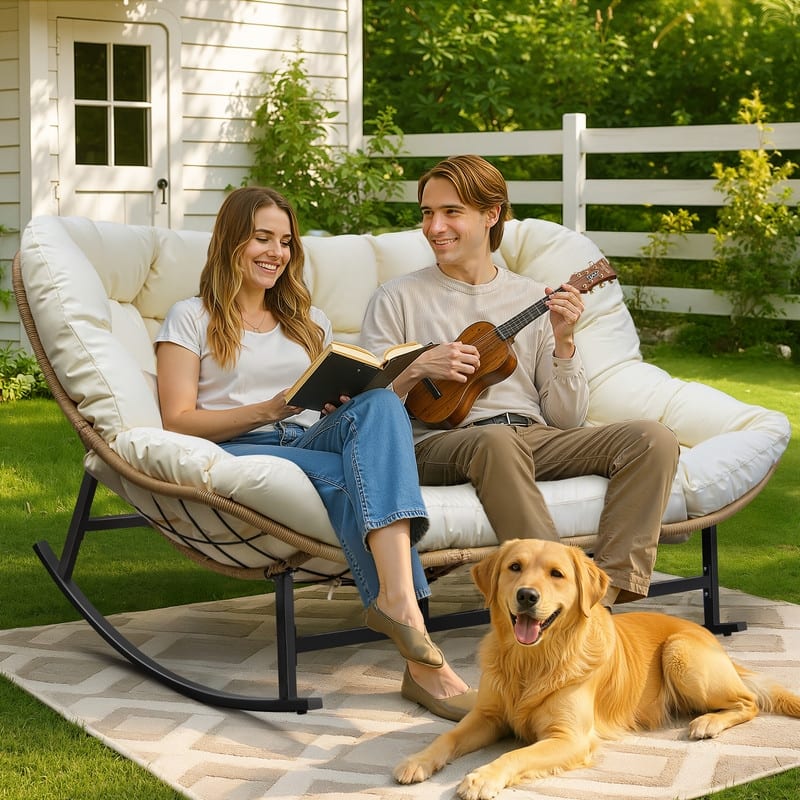 FINCATI Outdoor Double Rocking Chair, Double Wide Rocking Chair, 700 lbs Indoor Rocking Chair for Two, Double Papasan Chair