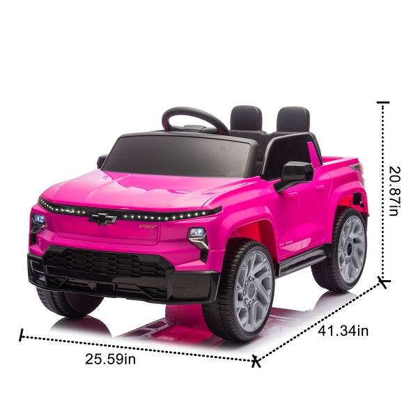 dimension image slide 0 of 4, 24V Licensed Chevrolet Silverado EV Ride-On Car for Kids with Slow Start, LED Lights, Bluetooth, USB, MP3, and Remote Control