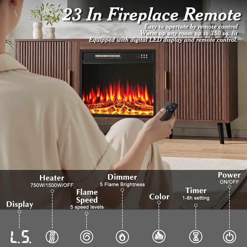 BOSSIN 58"Mid-Century Electric Fireplace TV Stand with Fluted Panels, Remote Control, and Adjustable Shelves for TVs up to 65"