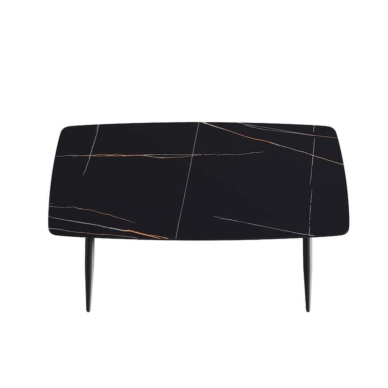 63" Rectangle Marble Top Dining Table, Black Sintered Stone Kitchen Table with Metal Legs