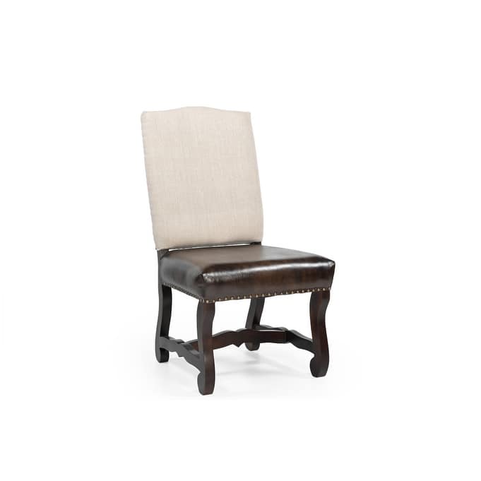 HomeRoots Set of Two Cream and Dark Brown Wood Leather And Linen Dining Side Chairs - 22 in. x 41.5 in. x 24 in.