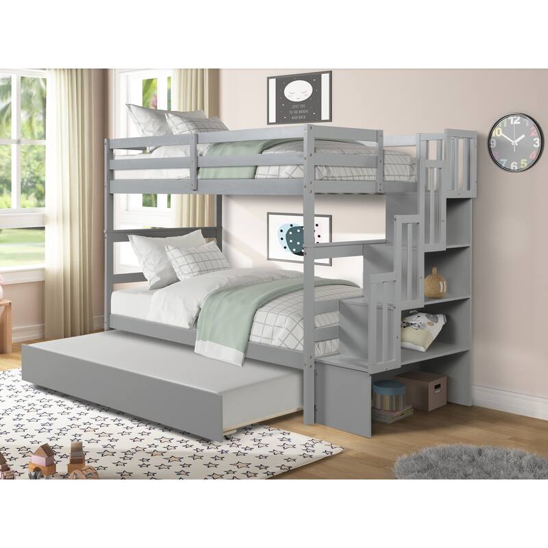 Twin over Twin Bunk Beds with Twin Trundle and Stairway Storage Function