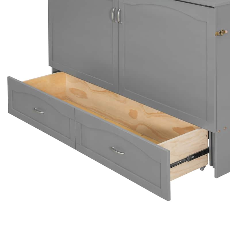 Folding Murphy Bed Queen Size Wall Cabinet Bed with Storage Drawer, Charging Station and Pulley Structure Design