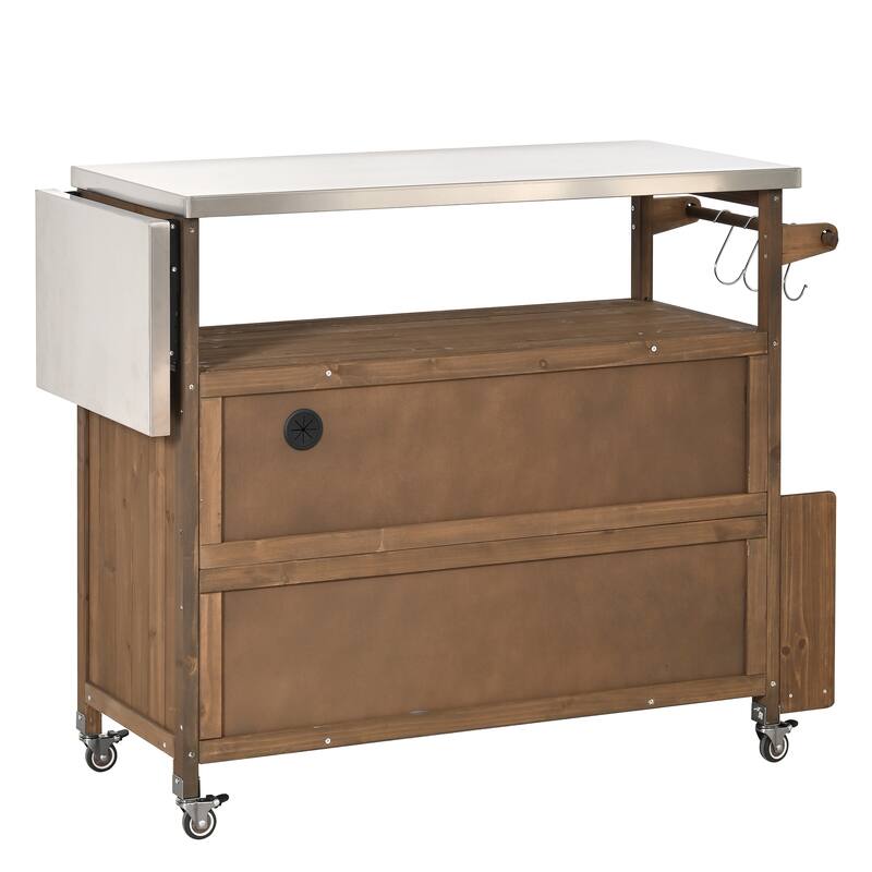 Christopher Knight Home - 54.33" Solid Wood Mobile Outdoor Kitchen Cart with Stainless Steel Top & Spice Rack & Lockable Wheels