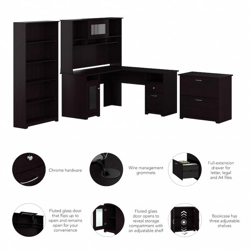Cabot 60W L-Desk with Hutch, Cabinet and Bookcase by Bush Furniture