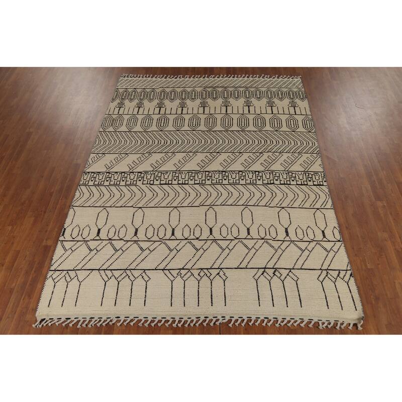 Moroccan Style Area Rug Hand-Knotted Oriental Beige Wool Carpet - 7'9"x 10'6"