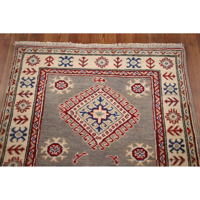 Gray Kazak Oriental Runner Rug Hand-Knotted Wool Carpet - 2'9" x 19'8"