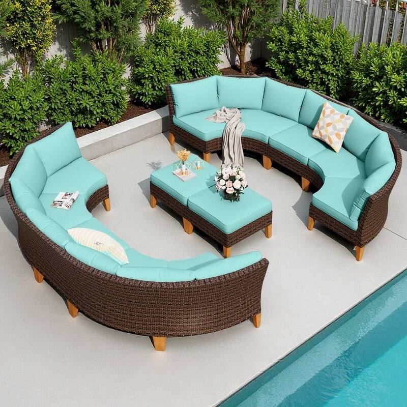 12-Seat Outdoor Wicker Half-Round Furniture Set, Half-Moon Sectional Sofa All Weather Curved Conversation Set - 12-Seat - TypeT