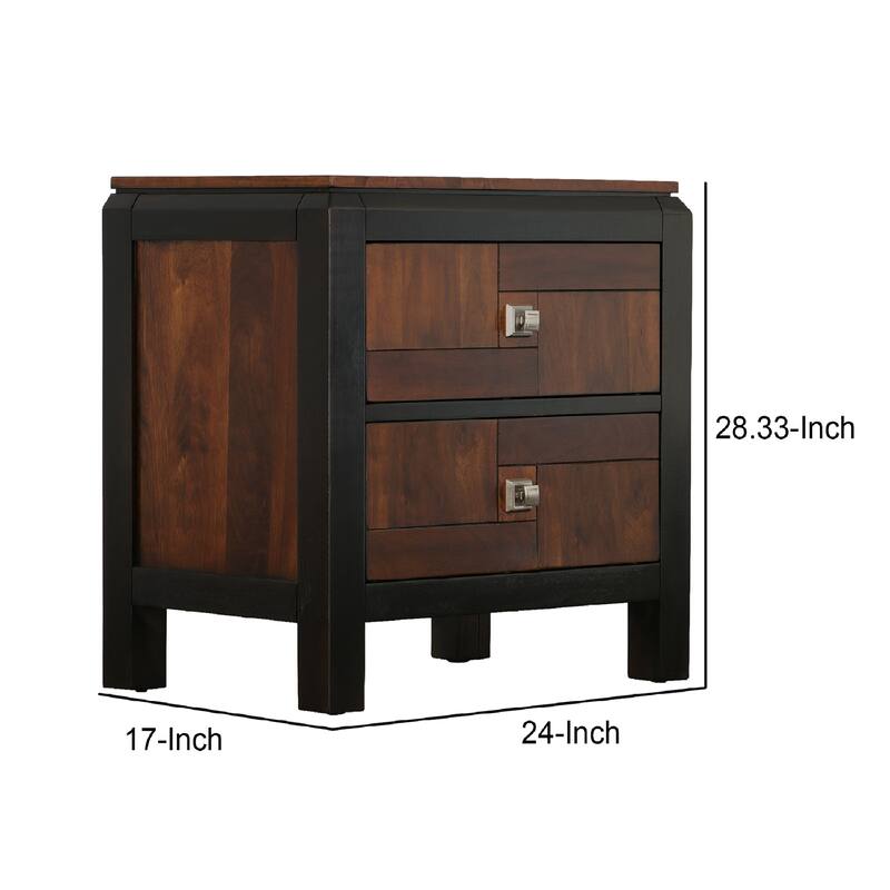 28 Inch Handcrafted Bedside Nightstand, 2 Drawers, Sleek Wood Pattern, Square Knobs, Walnut Brown
