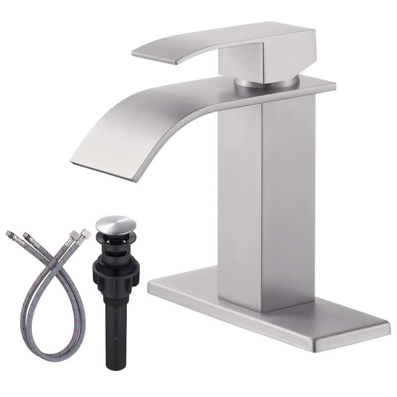 WOWOW Single Handle Waterfall Bathroom Faucet with Pop-Up Drain - Brushed Nickel
