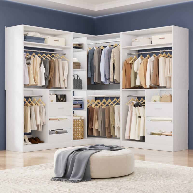 Qvella Corner Closet System with 6 Wooden Drawers and 6 Hanging Rods, Closet Organizer Wardrobe for Walk-in/Reach-in Closet - White