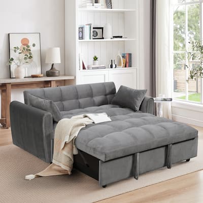 65" 3-in-1 Foldable Large Size Velvet Sofa Bed with Adjustable Back, Storage Bag and Pillow, Dark Gray