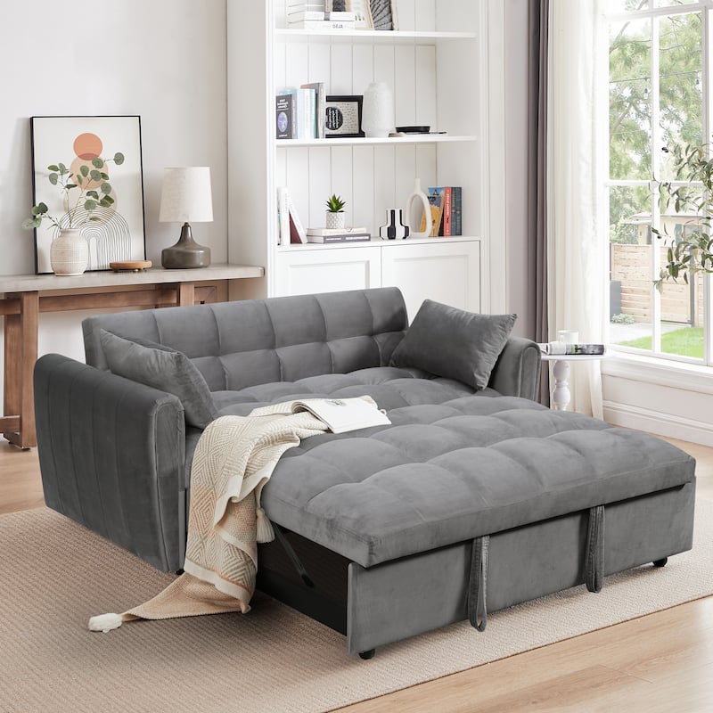 Anmytek Convertible Velvet Sofa Bed Adjustable Folding Loveseat Sleeper with Pillows 65 Inch - Dark Gray