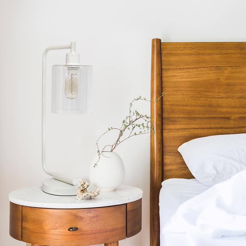 Simple Designs 18.8" Iron Lantern Desk Table Lamp with Glass Shade, Antique Brass, With LED Bulb