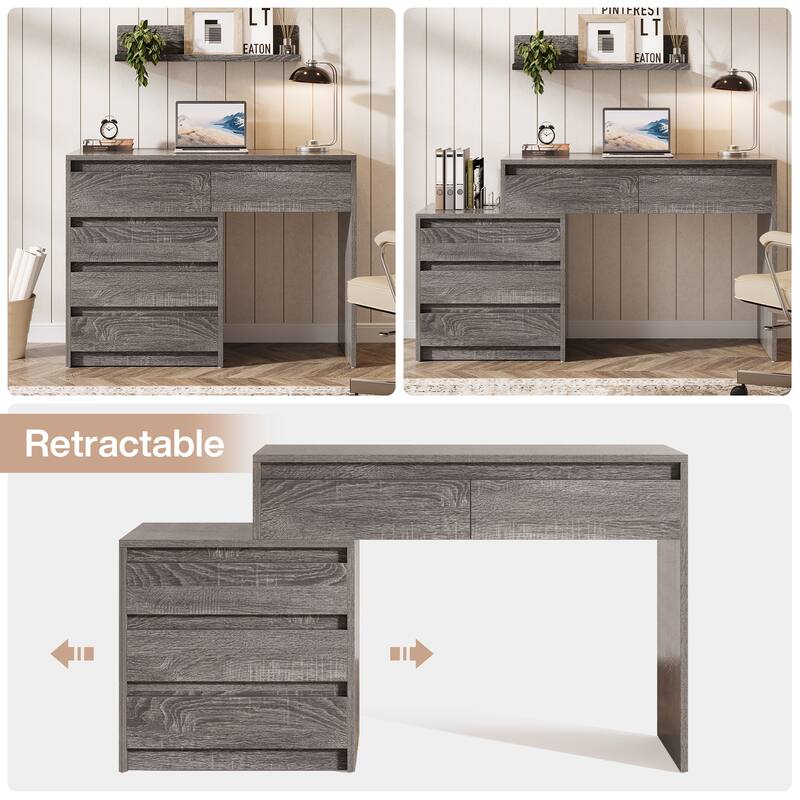 Industrial Computer Desk with 5 Drawers & File Cabinet, Rustic Wood Office Desk with Printer Stand for Small Spaces