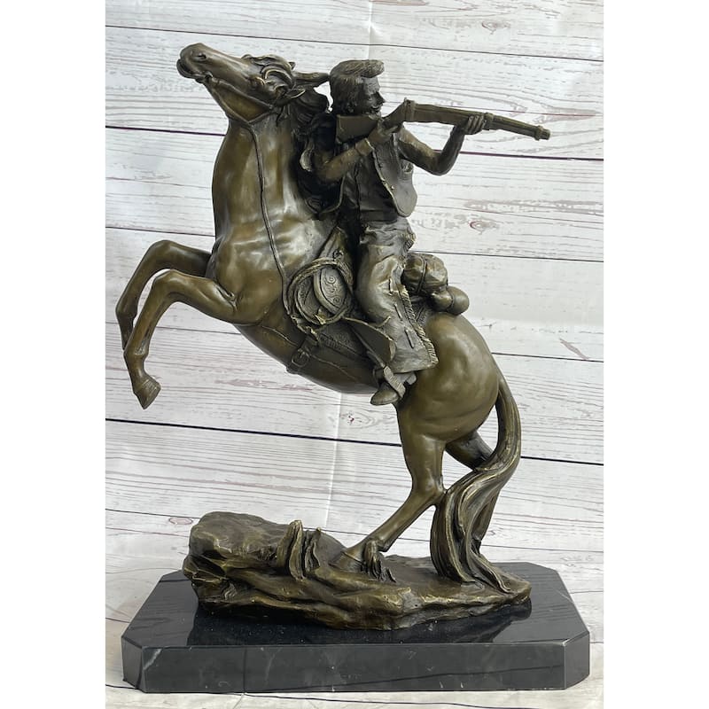 Western Cowboy Firing Rifle From Imitative Horseback Bronze Statue Sculpture Original Art 14 Inches X 12 Inches