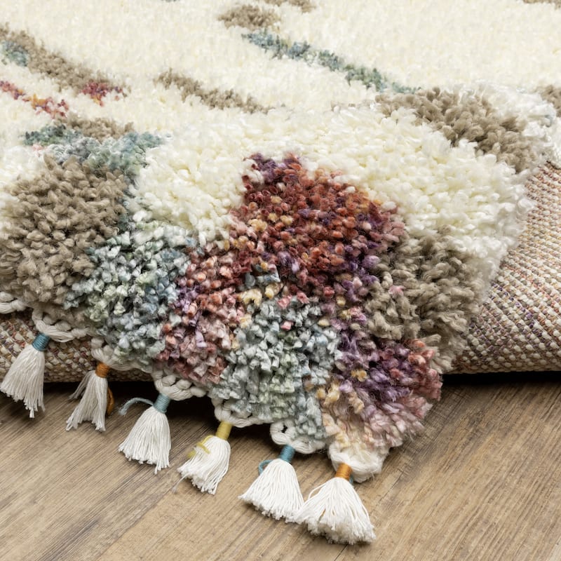 Style Haven Aire Abstract Stripe Ivory/ Multi Shag Tassel Fringe Area Rug.
