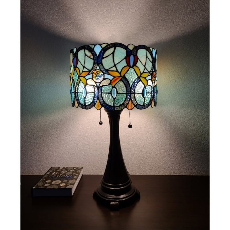 Stained Glass Table Lamp with Two Lights and Dark Brown Metal Base - 11” x 22” x 22”