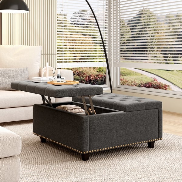 Ball & Cast Large Square Storage Ottoman - Button Tufted Linen Top, Wooden Legs, Navy Blue