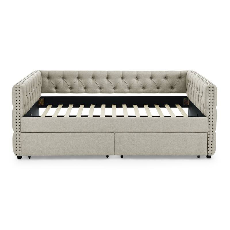 Full Size Daybed - Linen Upholstered Daybed with Storage,Button and Copper Nail