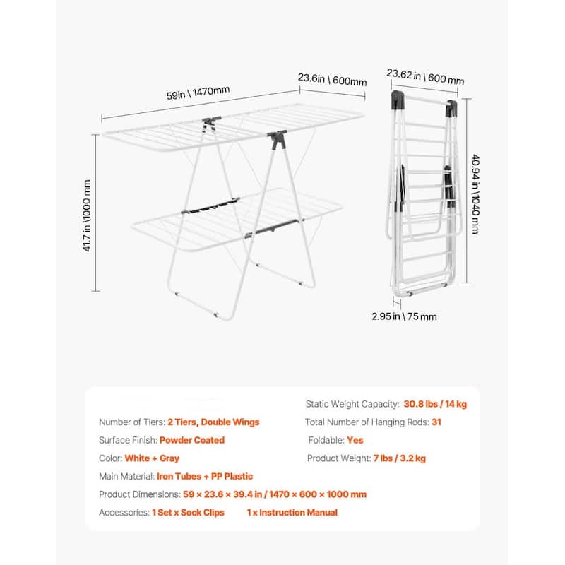Foldable 2 Tier Clothes Drying Rack with Double Wings and 31 Rods for Indoor and Outdoor