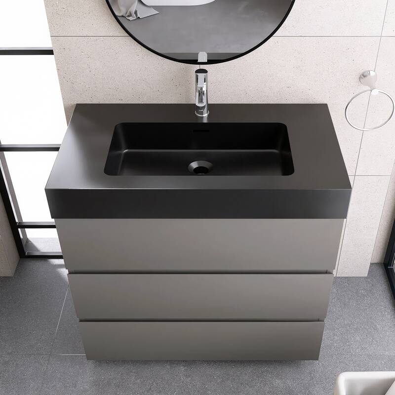 Freestanding Bathroom Vanity with Black Solid Surface Top