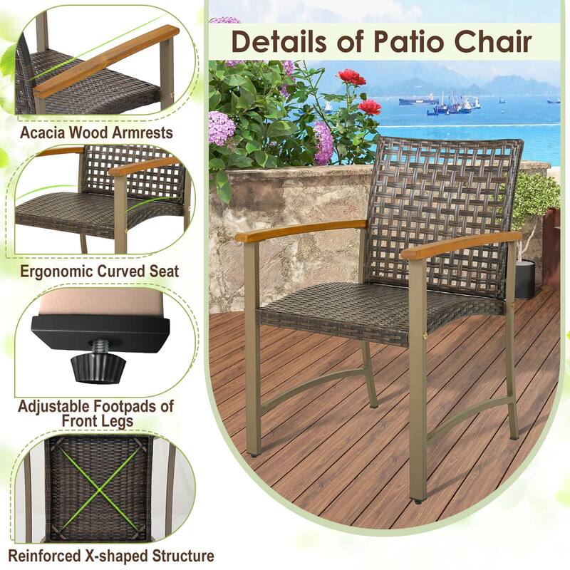 Set of 4 Outdoor Patio Wicker Dining Chairs w/ Acacia Wood Armrests
