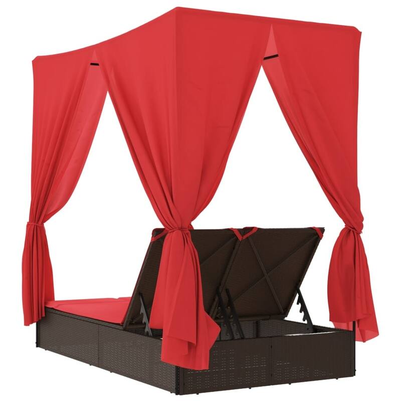 vidaXL Double Sun Lounger with Roof and Curtains Brown/Gray/Black Poly Rattan - 78.7" x 44.9" x 77.2"