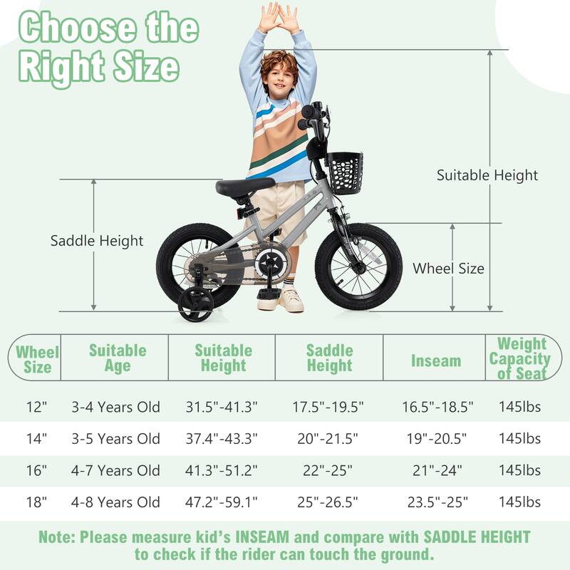 Kids Bike with Basket Adjustable Seat and Training Wheels