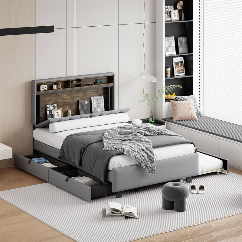Full size Upholstered Platform Bed with Twin Size Trundle & 2 Drawers