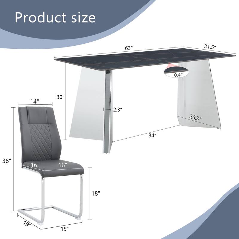 Roomfitters 5pcs Marble Pattern Dining Table Set with Stainless Butterfly Legs and PU Upholstered Chairs