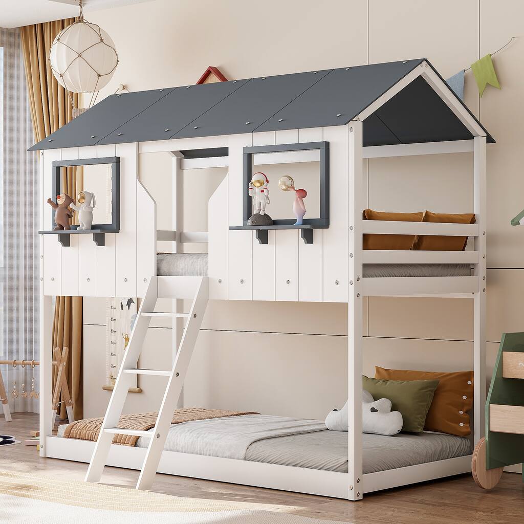 Roomfitters Twin Over Twin House Bunk Bed with Roof and Window, White
