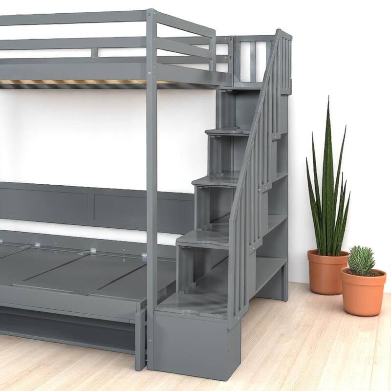 Full Size Wall Murphy Bed with Loft & Bunk Conversion, Hydraulic Lift, Hidden Desk, and Storage Steps