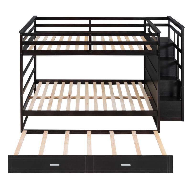 Wooden Full Over Full Bunk Bed Frame with Trundle, Side Storage Drawers, Staircase and Safety Guardrails, Space-Saving Design