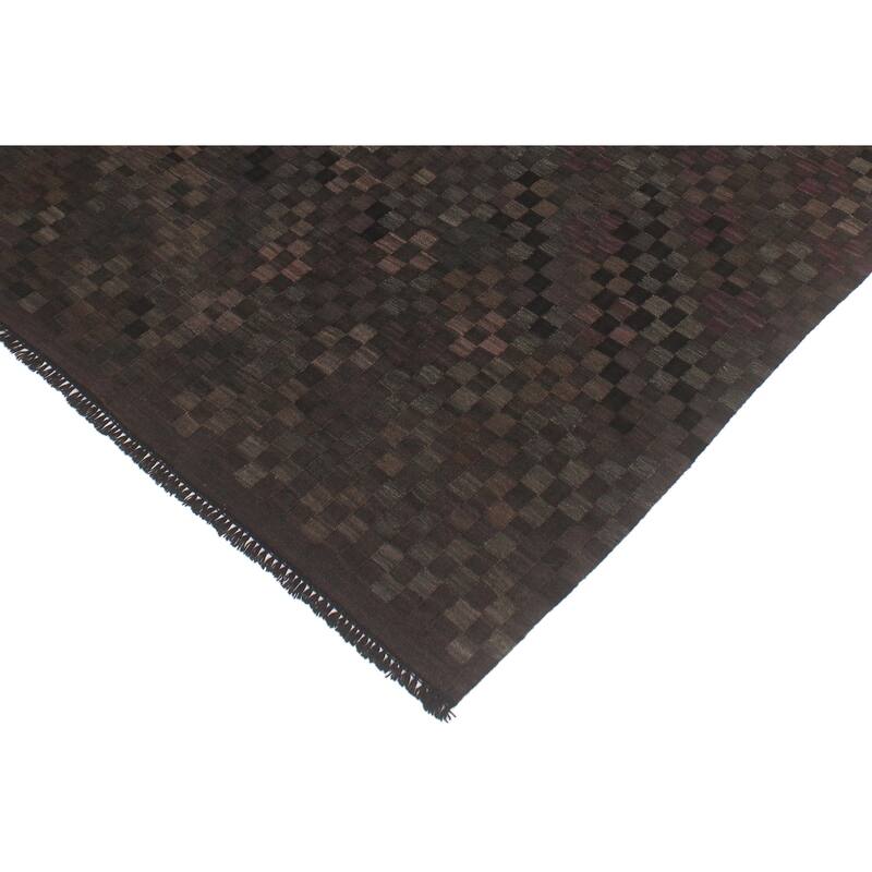 Contemporary Turkish Kilim Seema Black Brown Hand-Woven Wool Rug - 5'0'' x 6'9''