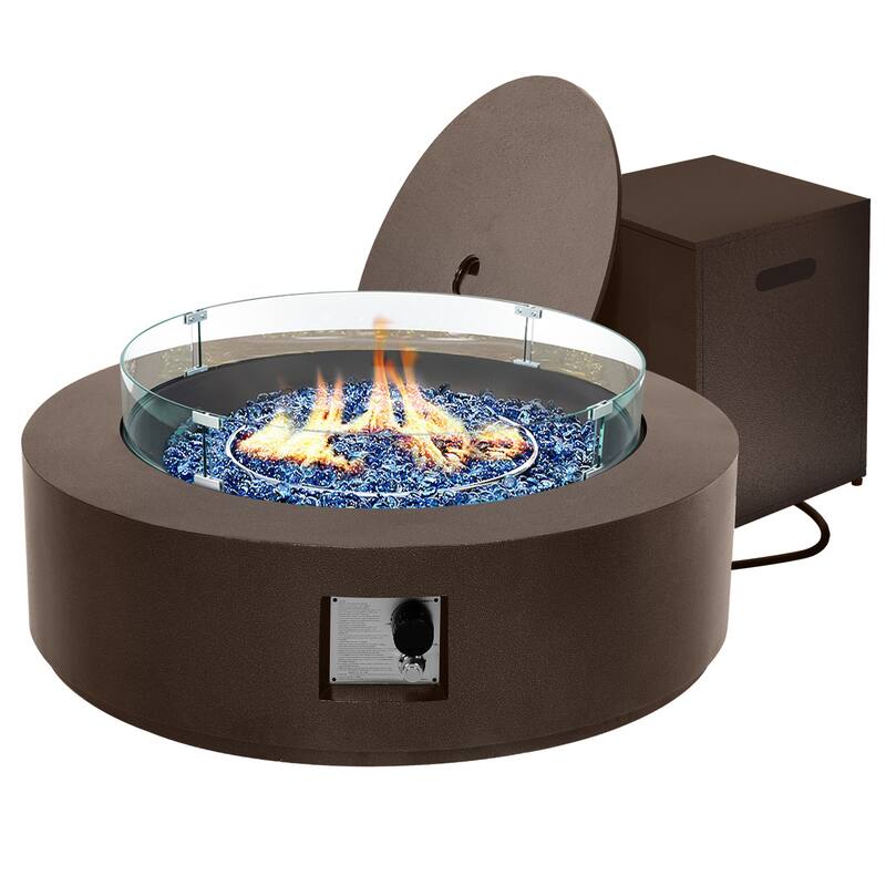 Patio Watcher Outdoor 42in. Iron Fire Pit Table with Propane Tank Cover and Glass Wind Guard