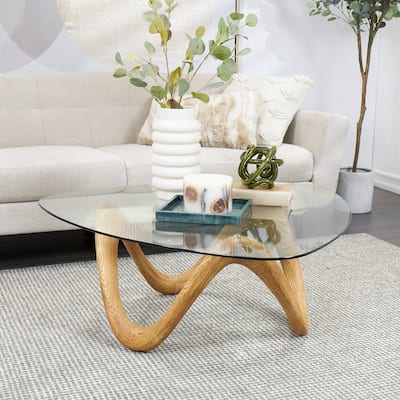 Beige Cement Stone Wood Grain Inspired Abstract Living Room Coffee Table with Wavy Base and Triangular Glass Top