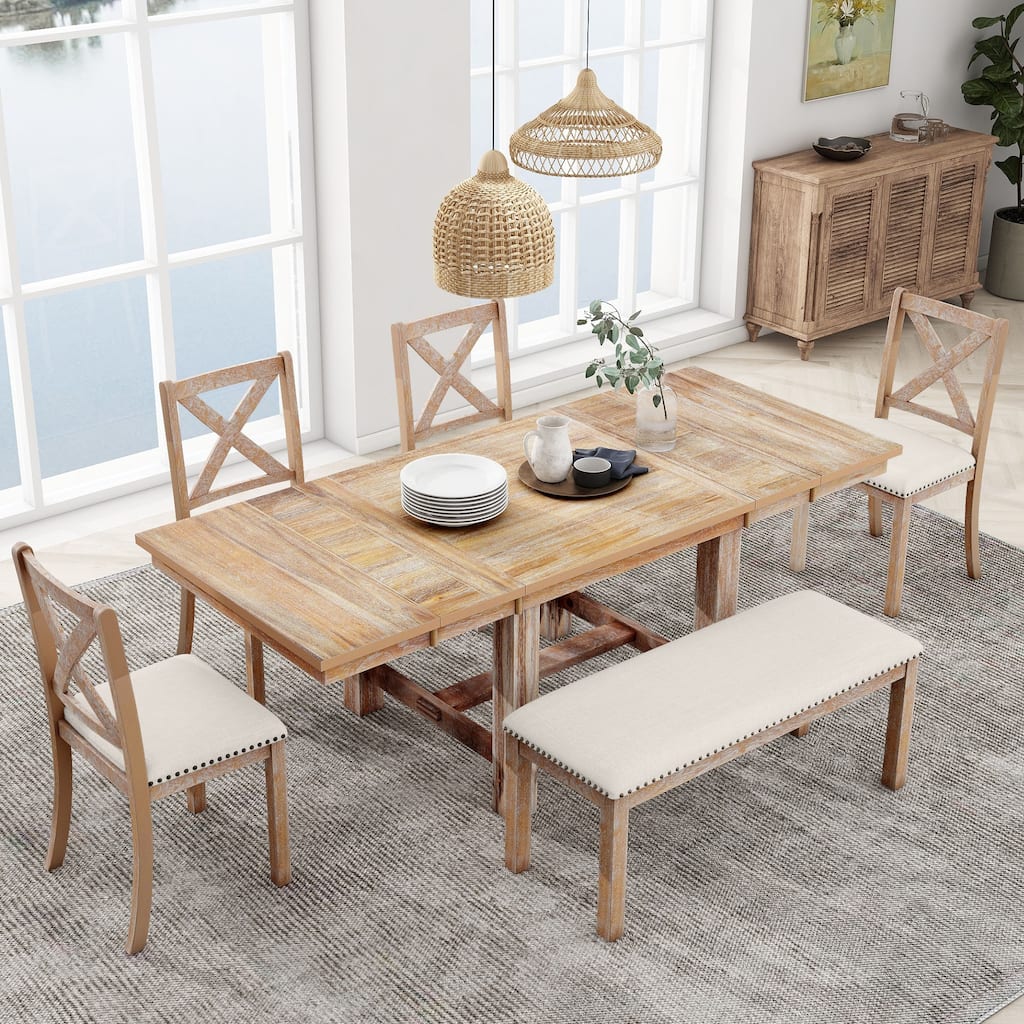 6-Piece Extendable Dining Table with Footrest, 4 Upholstered Dining Chairs and Bench, Kitchen Table and Chairs Set