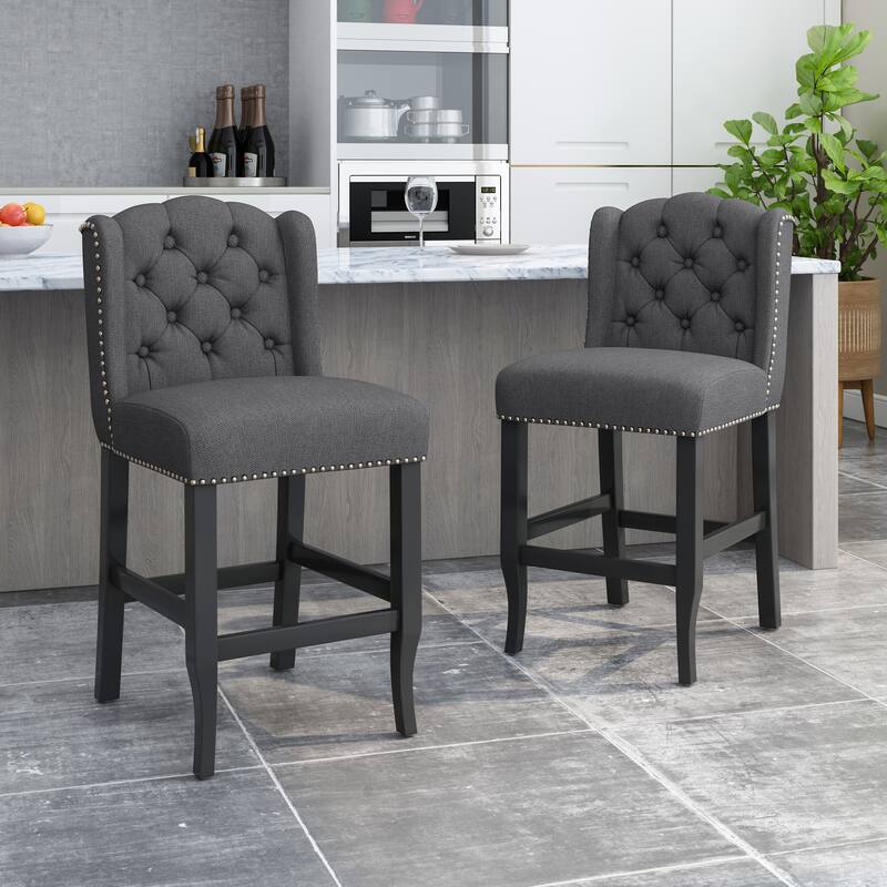 Foxcroft Wingback Counter Stool (Set of 2) by Christopher Knight Home - Charcoal + Dark Brown