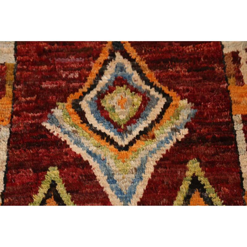 Geometric Red Moroccan Oriental Runner Rug Handmade Wool Carpet - 2'11" x 9'9"