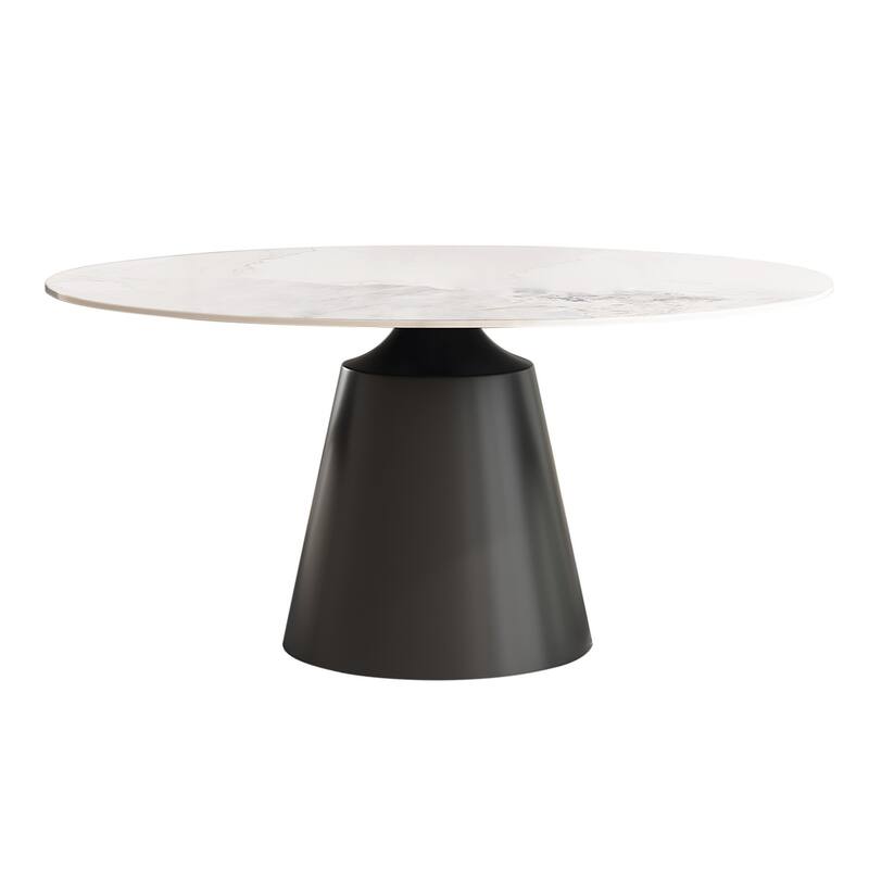Modern Round Rock Slabs Black Titanium Stainless Steel Pedestal Dining Table - 4 Seats - Grayish White