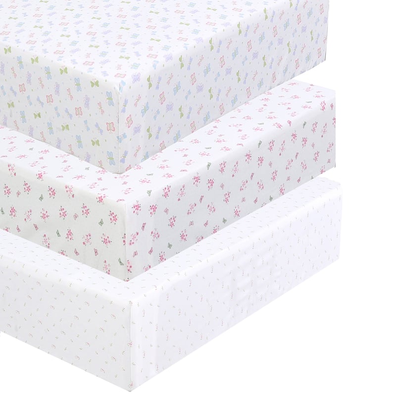 Princess Flower Butterfly Ladybug Animals Dot Girls Pink Purple Cotton Toddler/Baby Crib Child Fitted Sheet Set (Pack of 3) -  Butterfly Garden