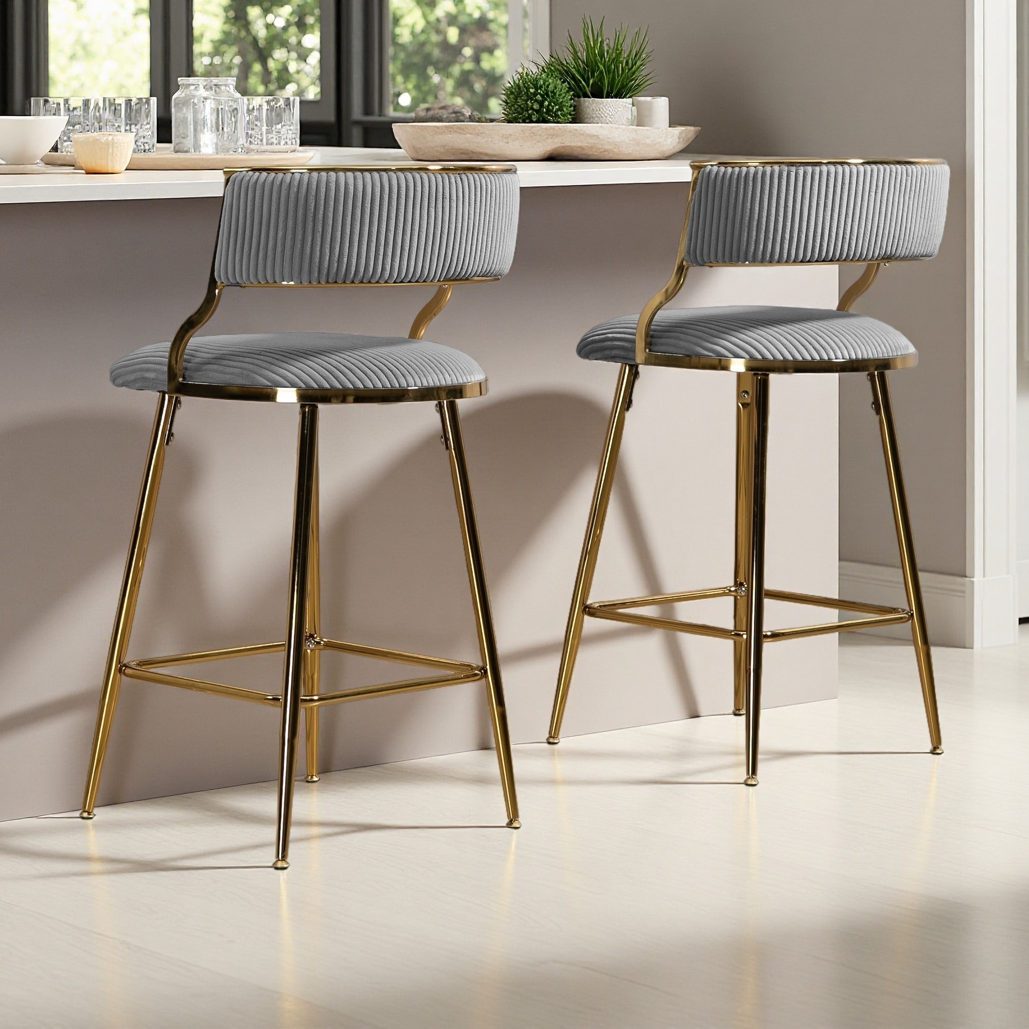 Corduroy Counter Height Bar Stools Set of 2 with Chrome Base and Footrest