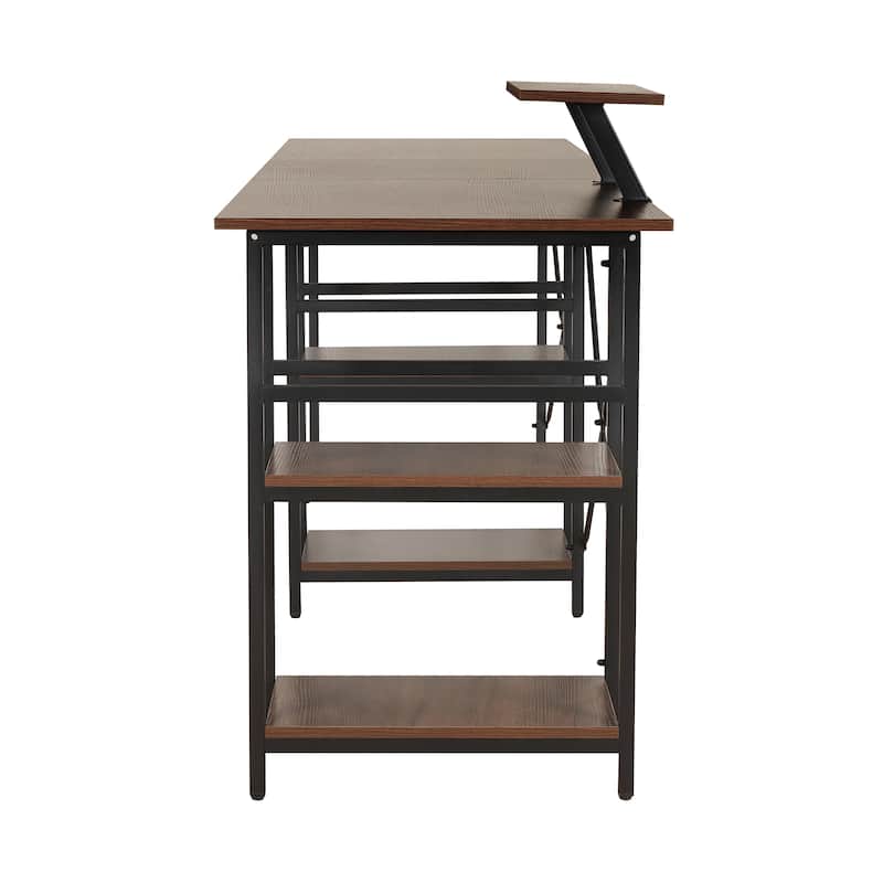 L-Shape Industrial Desk with storage shelves, Walnut