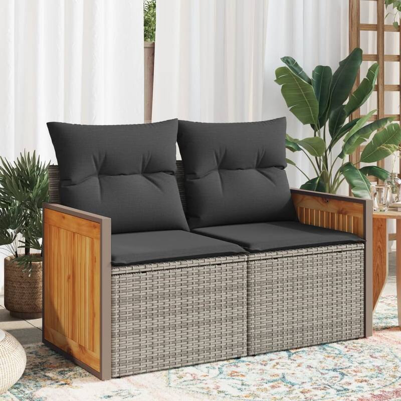 vidaXL Patio Sofa with Cushions Outdoor Seating Loveseat 2-Seater Poly Rattan - 24.4 x 46.5 x 27.2 in - Gray without storage