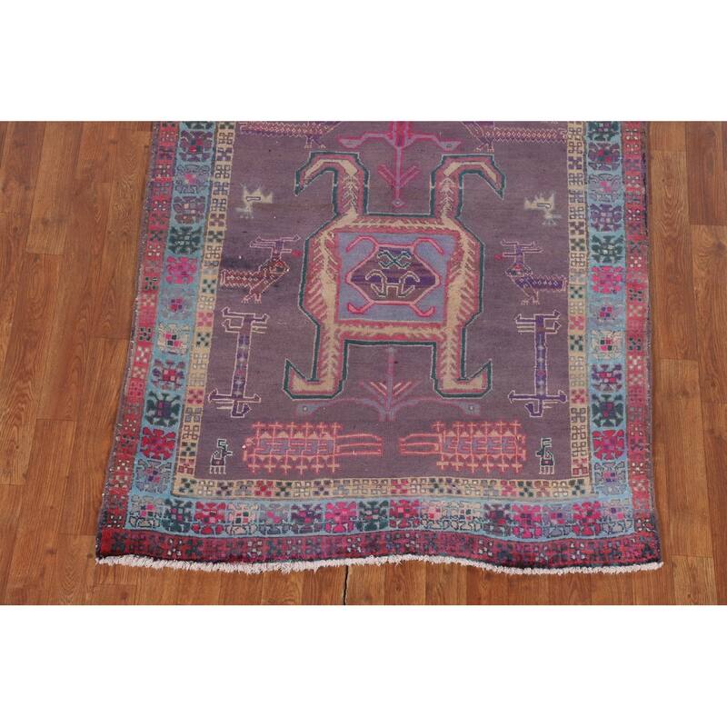 Purple Tribal Ardebil Persian Vintage Runner Rug Handmade Wool Carpet - 3'10" x 9'7"