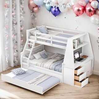 Twin over Full Bunk Bed with Trundle and Built-in Desk, Three Storage Drawers and Shelf,Storage Space,Easy Assembly,Gray