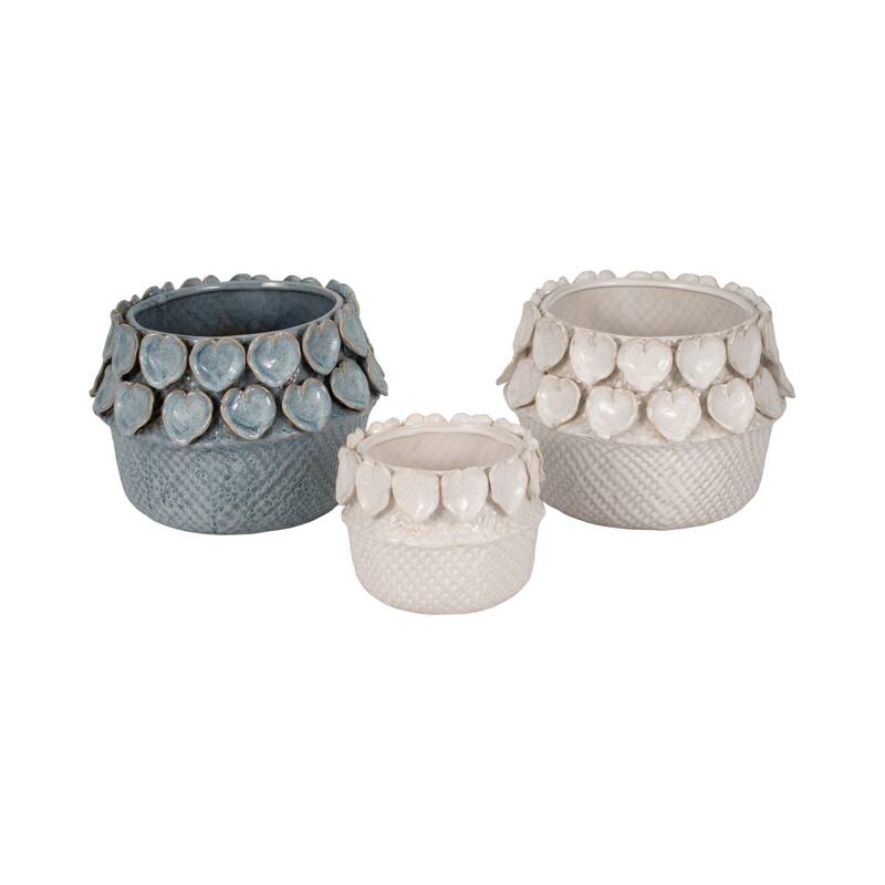 Stoneware Planter with Sculpted Leaf Accents and Textured Detailing