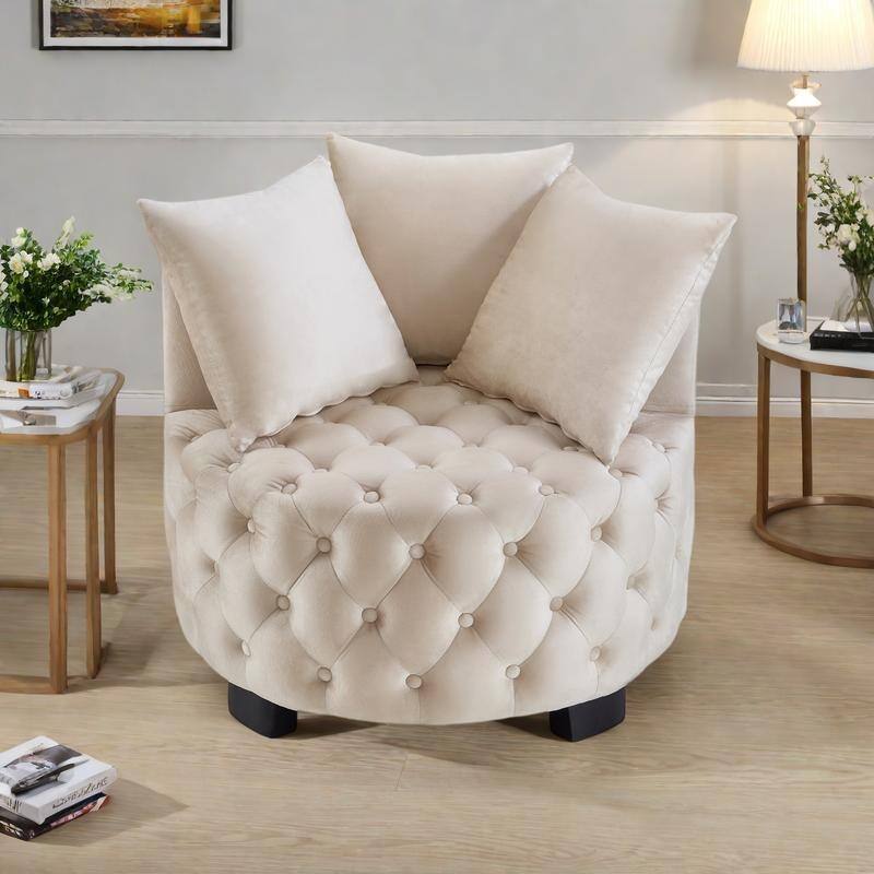 Velvet Tufted Accent Chair with Crescent Backrest and Solid Wood Frame